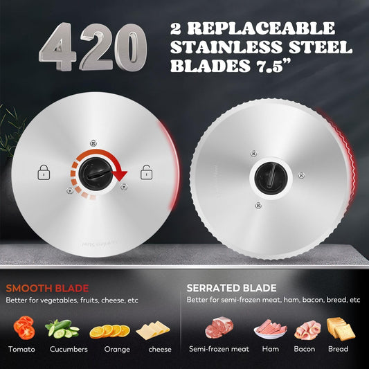 Meat Slicer Electric 200W with 7.5’’ Blades, 110v | 0-18mm Adjustable Thickness, Child Lock Protection, Stainless Steel Blades, Deli Food Slicer for Meat Fruit Bread Cheese