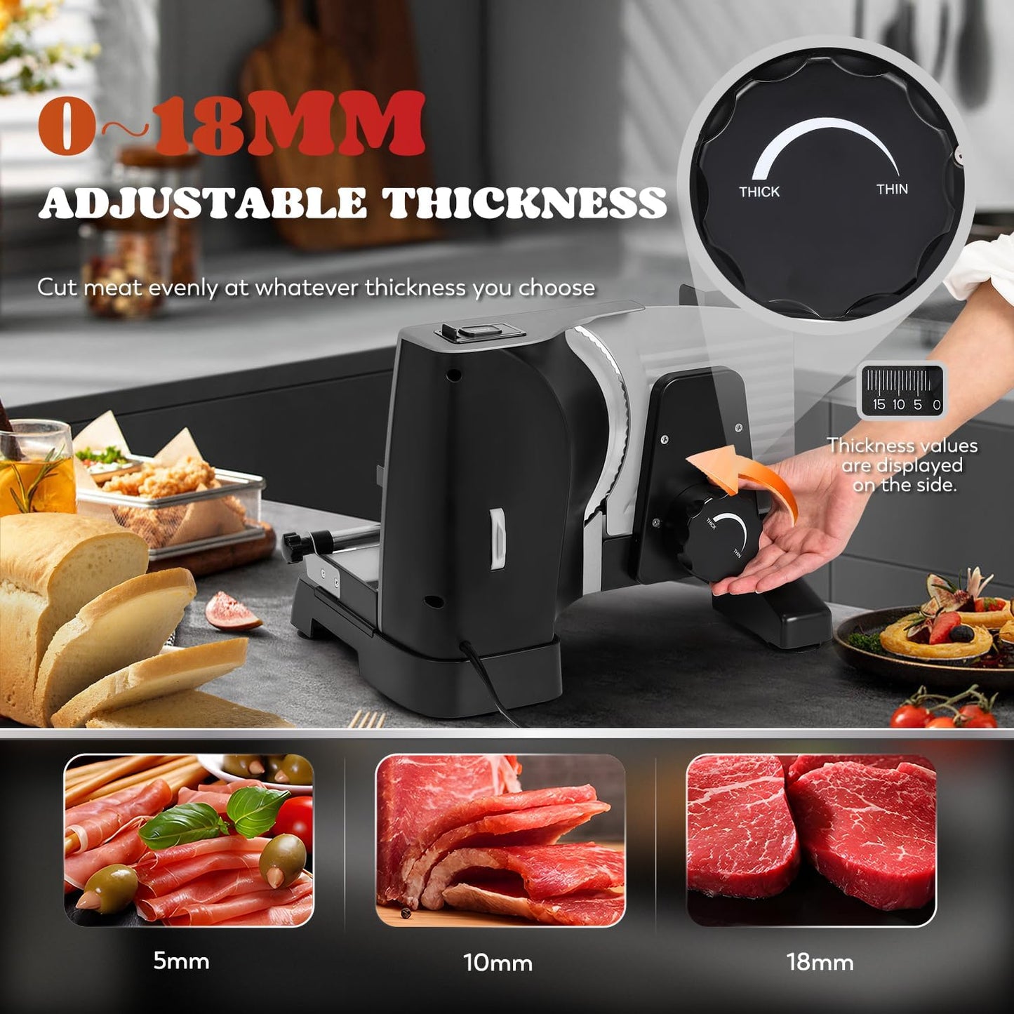 Meat Slicer Electric 200W with 7.5’’ Blades, 110v | 0-18mm Adjustable Thickness, Child Lock Protection, Stainless Steel Blades, Deli Food Slicer for Meat Fruit Bread Cheese