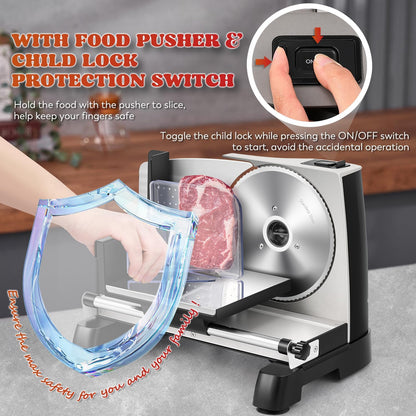 Meat Slicer Electric 200W with 7.5’’ Blades, 110v | 0-18mm Adjustable Thickness, Child Lock Protection, Stainless Steel Blades, Deli Food Slicer for Meat Fruit Bread Cheese