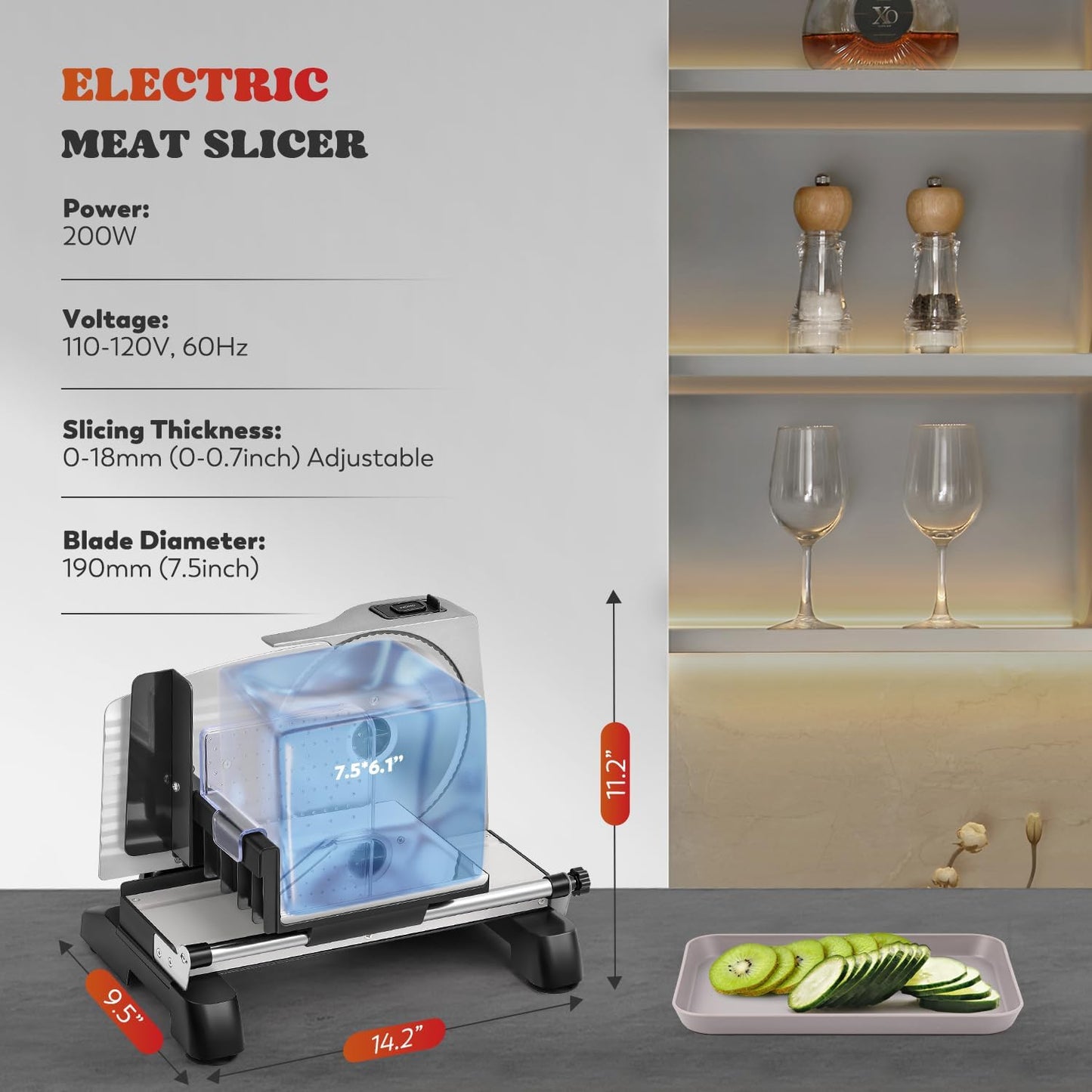 Meat Slicer Electric 200W with 7.5’’ Blades, 110v | 0-18mm Adjustable Thickness, Child Lock Protection, Stainless Steel Blades, Deli Food Slicer for Meat Fruit Bread Cheese