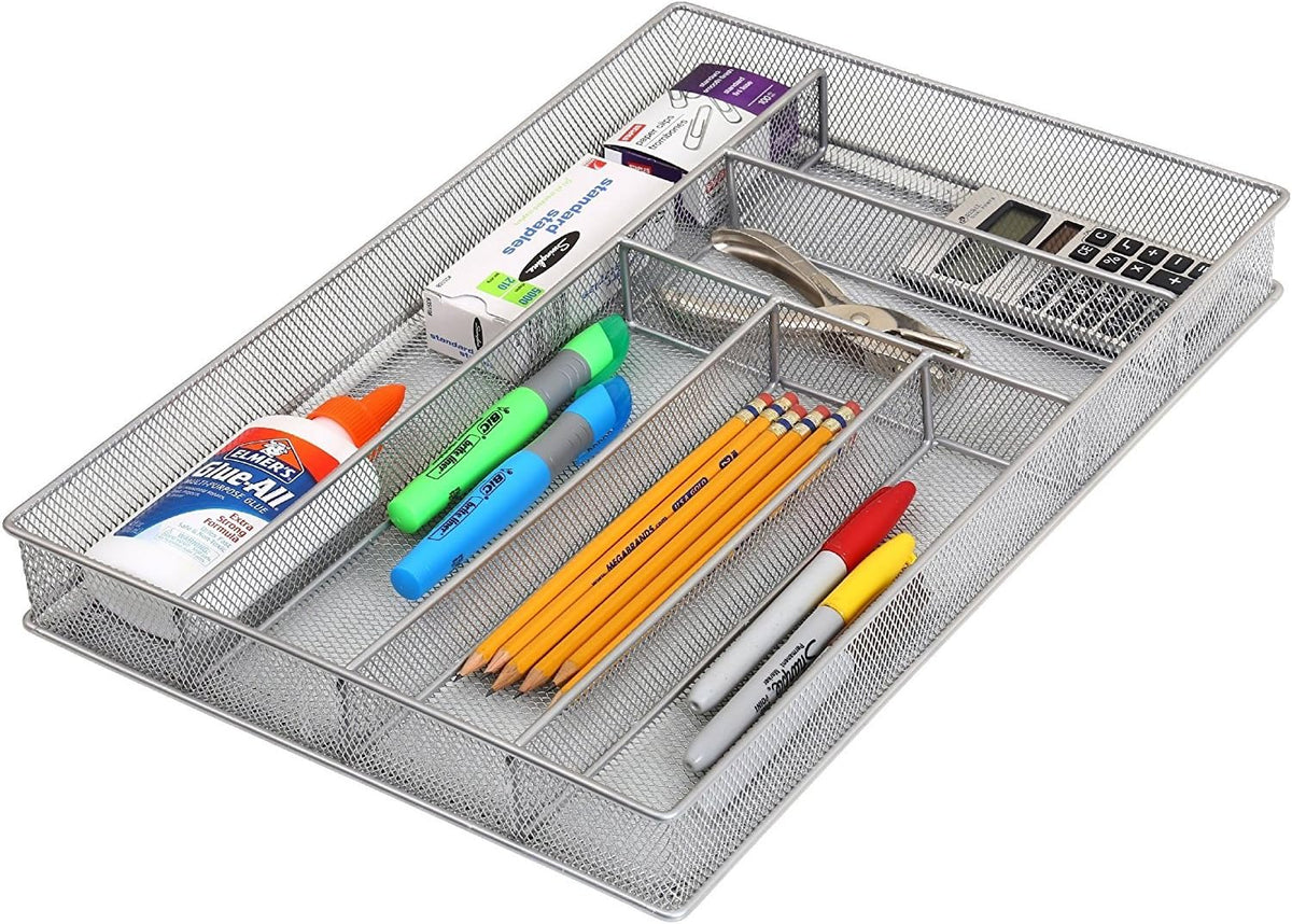 Metal Silverware Organizer for In-Drawer Cutlery Storage, 6 Compartment Mesh Cutlery Flatware Tray Sorts Kitchen Utensils, Great for Office Supplies 1132s