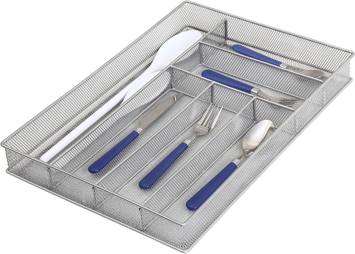 Metal Silverware Organizer for In-Drawer Cutlery Storage, 6 Compartment Mesh Cutlery Flatware Tray Sorts Kitchen Utensils, Great for Office Supplies 1132s