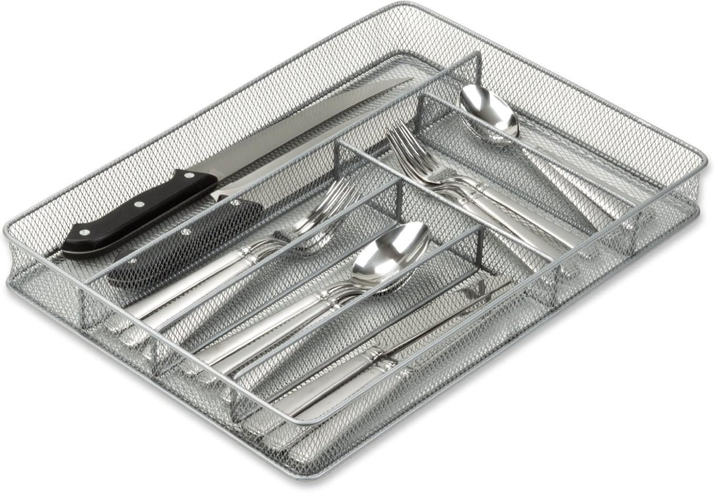 Metal Silverware Organizer for In-Drawer Cutlery Storage, 6 Compartment Mesh Cutlery Flatware Tray Sorts Kitchen Utensils, Great for Office Supplies 1132s