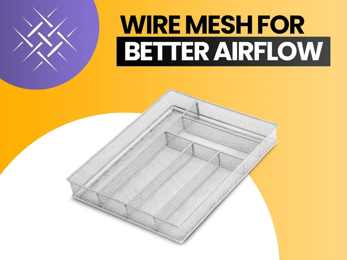 Metal Silverware Organizer for In-Drawer Cutlery Storage, 6 Compartment Mesh Cutlery Flatware Tray Sorts Kitchen Utensils, Great for Office Supplies 1132s