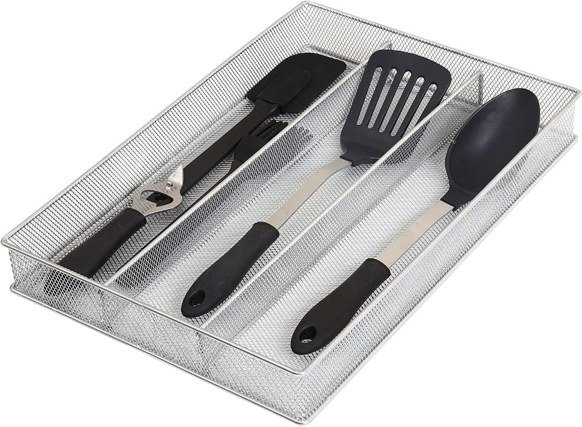 Metal Silverware Organizer for In-Drawer Cutlery Storage, 6 Compartment Mesh Cutlery Flatware Tray Sorts Kitchen Utensils, Great for Office Supplies 1132s