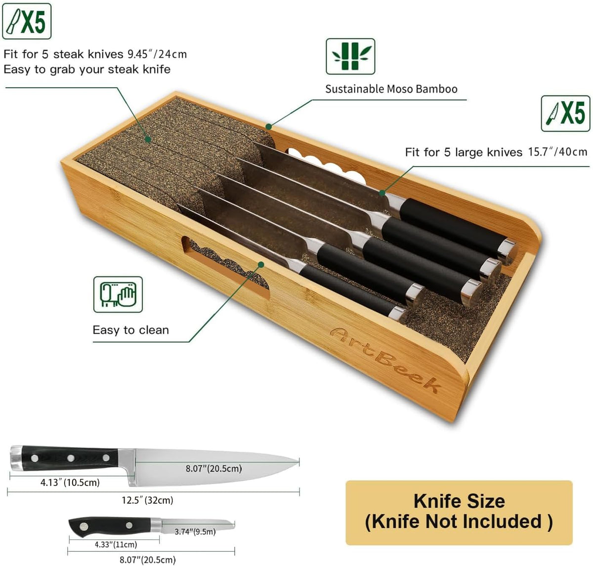Knife Drawer Organizer Bamboo Insert Dock, 15'' Kitchen Steak Knives Holder Organizers Block for Drawer in Storage Organization