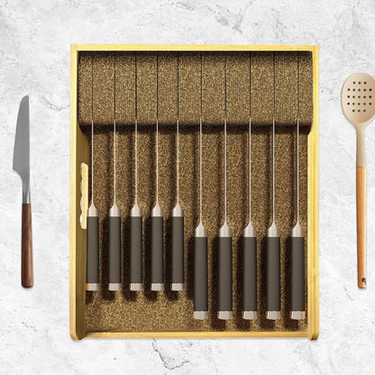 Knife Drawer Organizer Bamboo Insert Dock, 15'' Kitchen Steak Knives Holder Organizers Block for Drawer in Storage Organization
