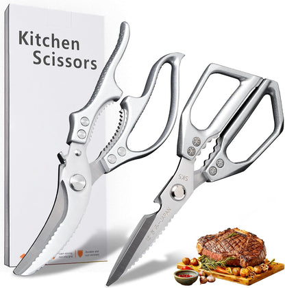 Kitchen Scissors 2-Pack, All-Purpose Heavy Duty Sharp Stainless Steel Shears, Dishwasher Safe Food Scissors for Chicken Bones, Poultry, Herbs & More, Kitchen Shears Set with Bottle Opener