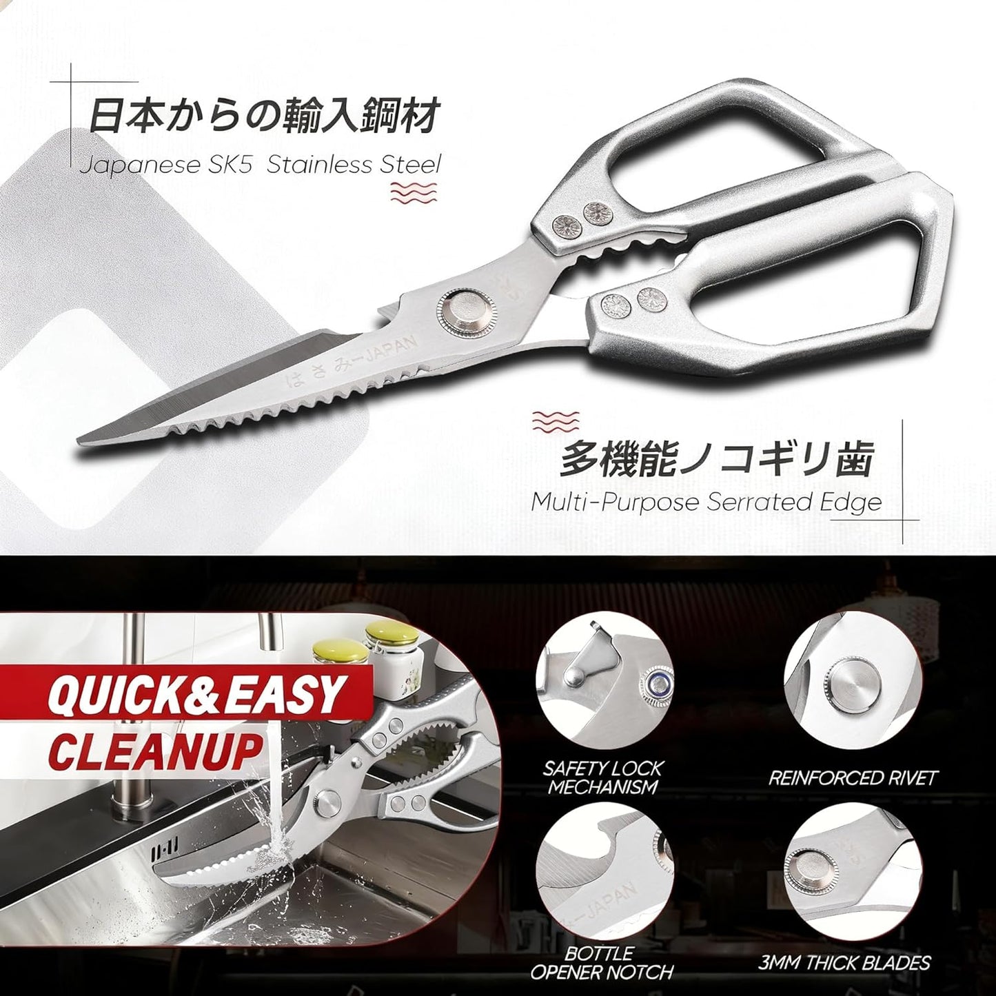 Kitchen Scissors 2-Pack, All-Purpose Heavy Duty Sharp Stainless Steel Shears, Dishwasher Safe Food Scissors for Chicken Bones, Poultry, Herbs & More, Kitchen Shears Set with Bottle Opener