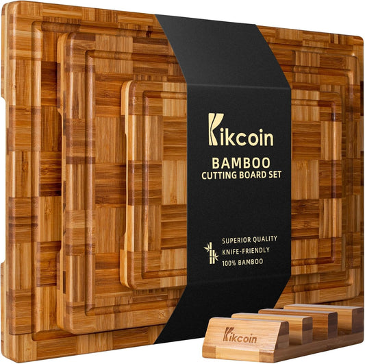 Extra Large Bamboo Cutting Boards, (Set of 3) Chopping Boards with Juice Groove Bamboo Wood Cutting Board Set Butcher Block for Kitchen, End Grain Serving Tray