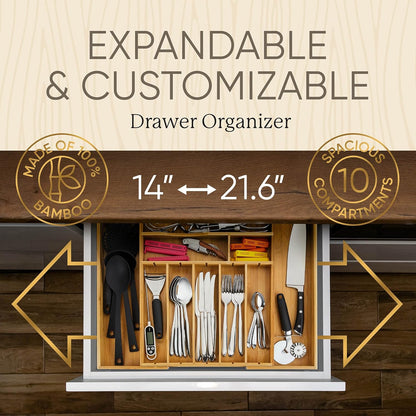 2.5” Extra Deep Silverware Drawer Organizer with Adjustable Dividers – Expandable Bamboo Flatware Tray for Kitchen, Reinforced Wood Cutlery Holder (14"-21.6" Wide)