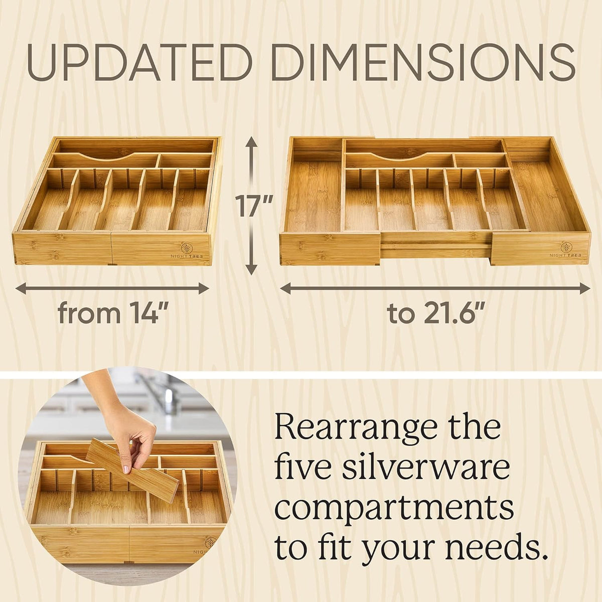 2.5” Extra Deep Silverware Drawer Organizer with Adjustable Dividers – Expandable Bamboo Flatware Tray for Kitchen, Reinforced Wood Cutlery Holder (14"-21.6" Wide)
