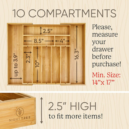 2.5” Extra Deep Silverware Drawer Organizer with Adjustable Dividers – Expandable Bamboo Flatware Tray for Kitchen, Reinforced Wood Cutlery Holder (14"-21.6" Wide)