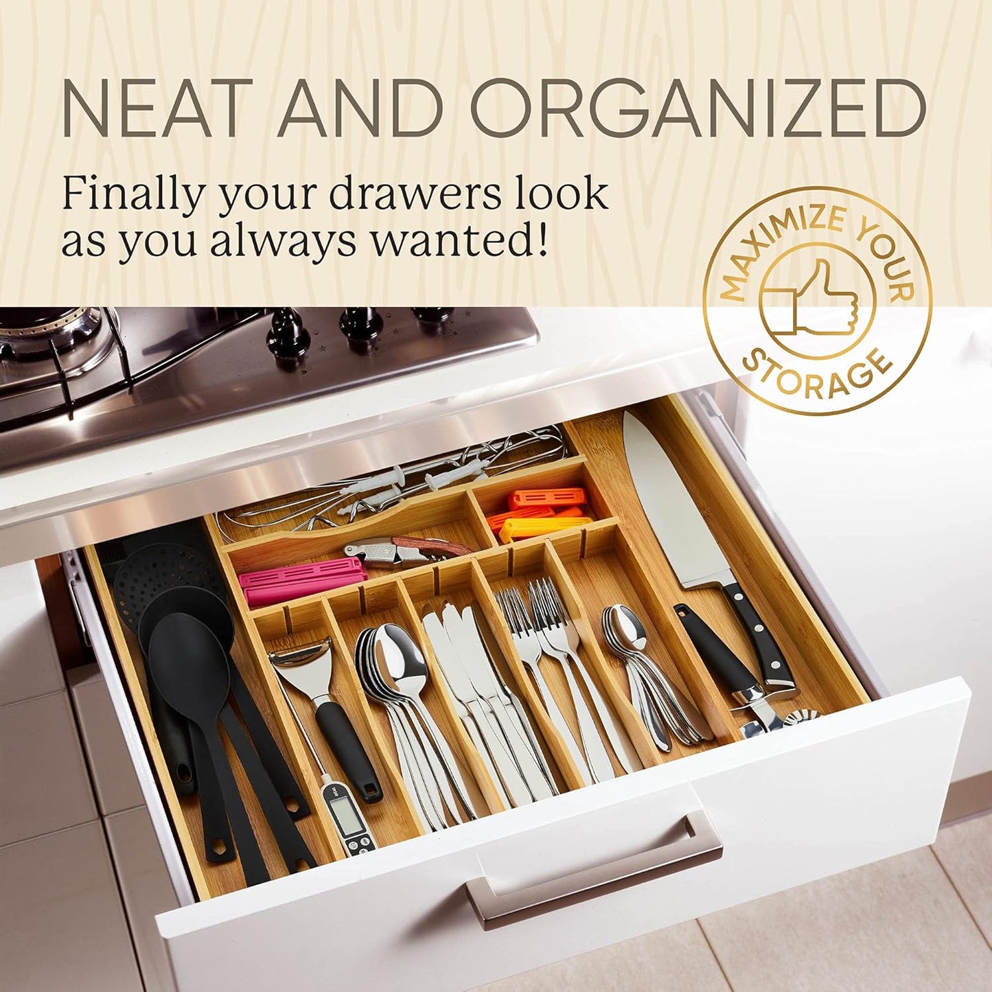2.5” Extra Deep Silverware Drawer Organizer with Adjustable Dividers – Expandable Bamboo Flatware Tray for Kitchen, Reinforced Wood Cutlery Holder (14"-21.6" Wide)