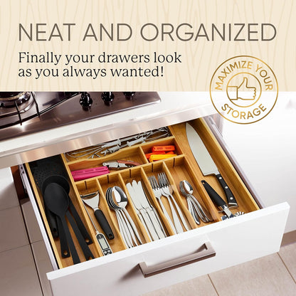 2.5” Extra Deep Silverware Drawer Organizer with Adjustable Dividers – Expandable Bamboo Flatware Tray for Kitchen, Reinforced Wood Cutlery Holder (14"-21.6" Wide)
