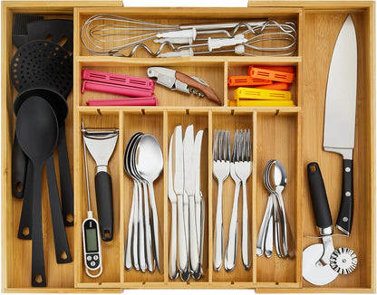 2.5” Extra Deep Silverware Drawer Organizer with Adjustable Dividers – Expandable Bamboo Flatware Tray for Kitchen, Reinforced Wood Cutlery Holder (14"-21.6" Wide)