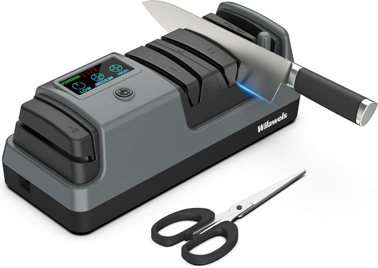 Electric Knife Sharpener, 5-in-1, 3 Rotational Speed Adjustable Electric Knife Sharpener for Straight/Serrated/Ceramic Knives, Scissors, Chef Knives, Axes, Gray H01KS06