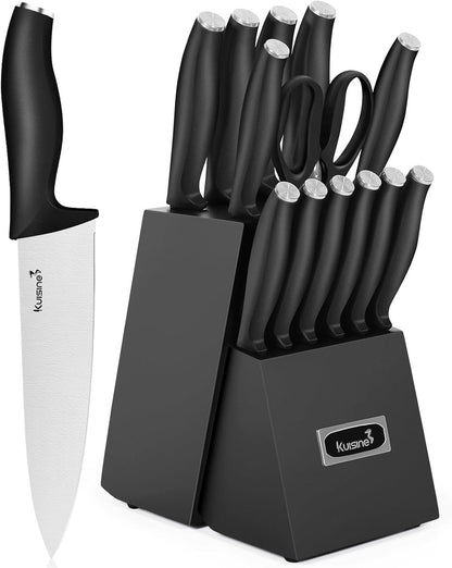 Knife Set 15 pieces High Carbon Stainless Steel Professional Kitchen Knife block set with Sharpener Black