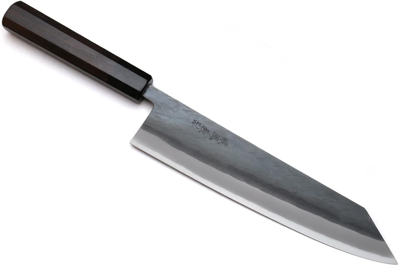 Yoshihiro Kurouchi Black-Forged High Carbon Blue Steel Stainless Clad Kiritsuke Japanese Multipurpose Knife Ebony Handle (8.25" (210mm) & Saya)