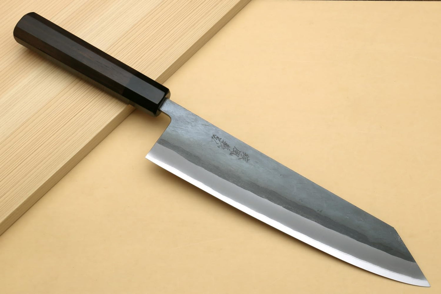 Yoshihiro Kurouchi Black-Forged High Carbon Blue Steel Stainless Clad Kiritsuke Japanese Multipurpose Knife Ebony Handle (8.25" (210mm) & Saya)