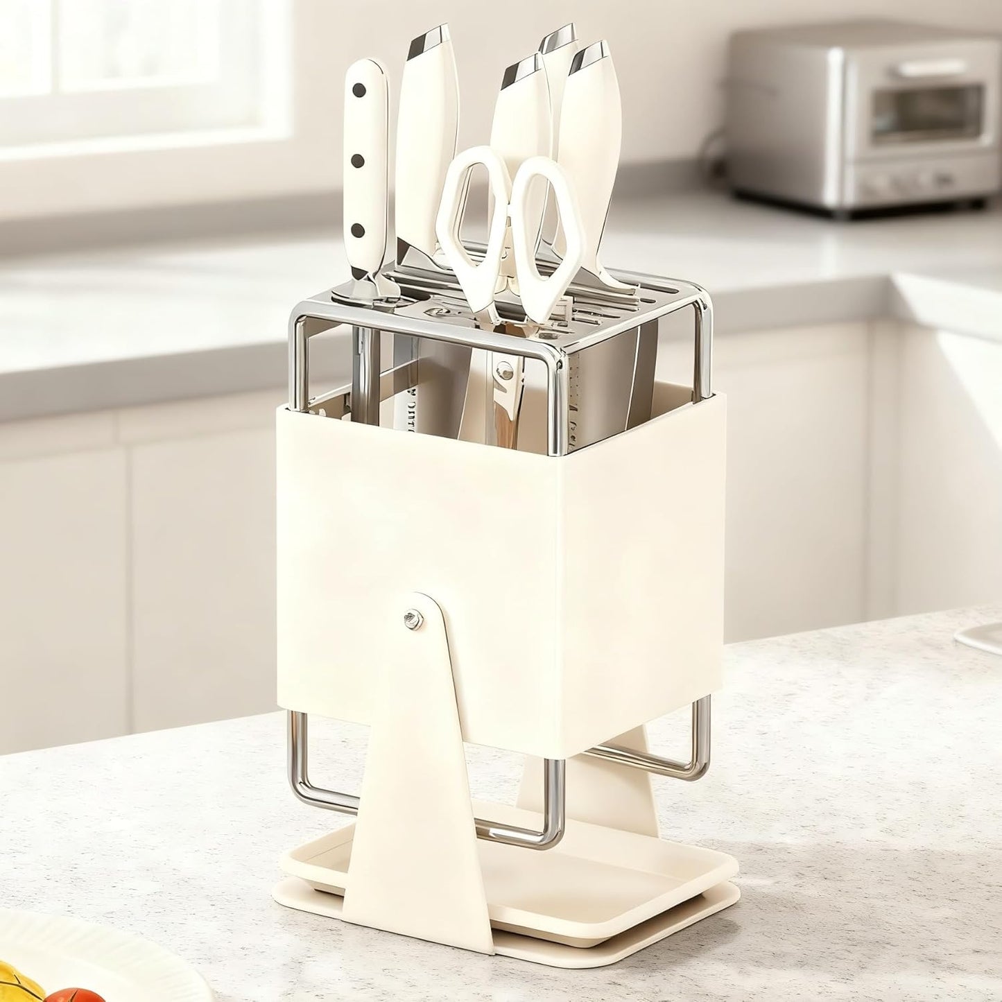 Universal Knife Block Holder Without Knives,Knife storage with Slots for Scissors and Sharpening Rod, Knife Holder Storage for Countertop, Stainless kitchen Knife Holder for Easy Clean (Cream)