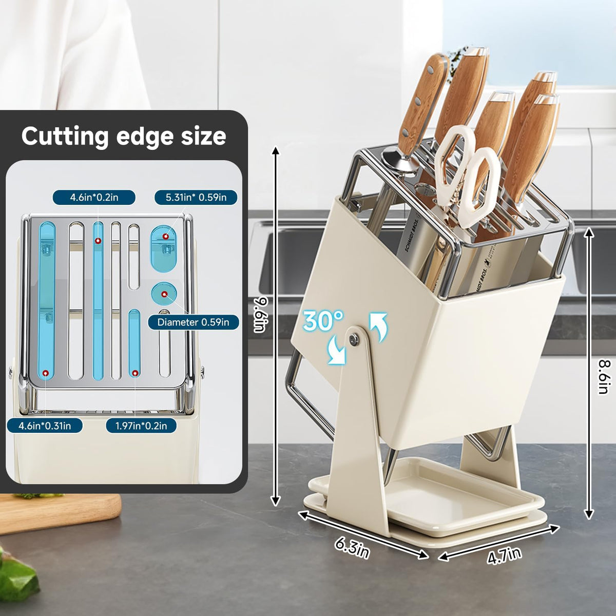 Universal Knife Block Holder Without Knives,Knife storage with Slots for Scissors and Sharpening Rod, Knife Holder Storage for Countertop, Stainless kitchen Knife Holder for Easy Clean (Cream)