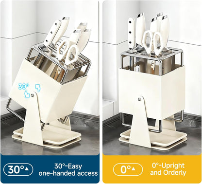 Universal Knife Block Holder Without Knives,Knife storage with Slots for Scissors and Sharpening Rod, Knife Holder Storage for Countertop, Stainless kitchen Knife Holder for Easy Clean (Cream)