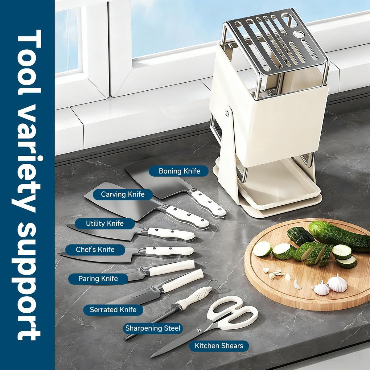 Universal Knife Block Holder Without Knives,Knife storage with Slots for Scissors and Sharpening Rod, Knife Holder Storage for Countertop, Stainless kitchen Knife Holder for Easy Clean (Cream)