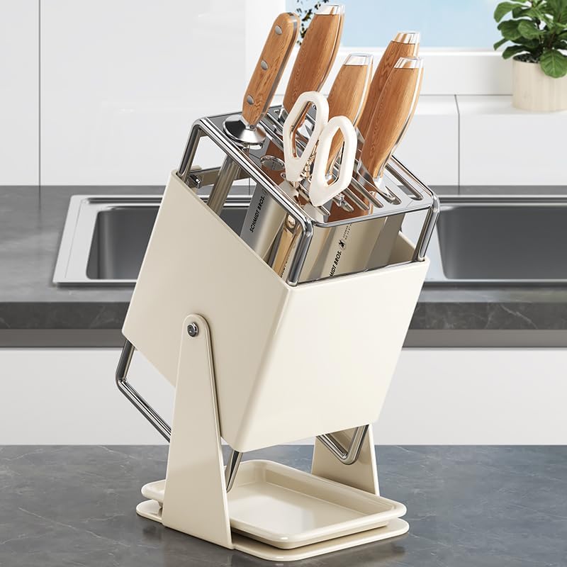 Universal Knife Block Holder Without Knives,Knife storage with Slots for Scissors and Sharpening Rod, Knife Holder Storage for Countertop, Stainless kitchen Knife Holder for Easy Clean (Cream)