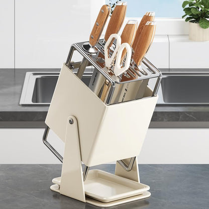 Universal Knife Block Holder Without Knives,Knife storage with Slots for Scissors and Sharpening Rod, Knife Holder Storage for Countertop, Stainless kitchen Knife Holder for Easy Clean (Cream)