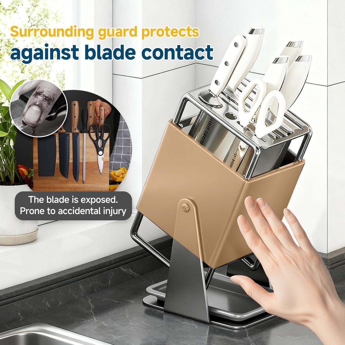 Universal Knife Block Holder Without Knives,Knife storage with Slots for Scissors and Sharpening Rod, Knife Holder Storage for Countertop, Stainless kitchen Knife Holder for Easy Clean (Cream)