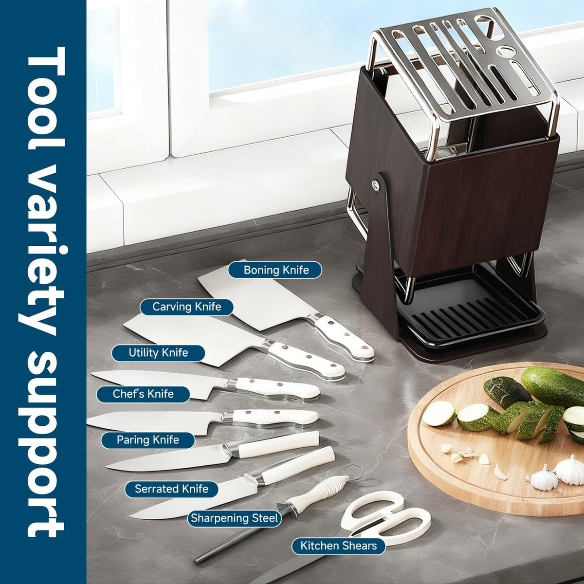 Universal Knife Block Holder Without Knives,Knife storage with Slots for Scissors and Sharpening Rod, Knife Holder Storage for Countertop, Stainless kitchen Knife Holder for Easy Clean (Cream)