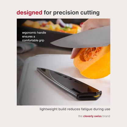 Chef's Knife with Sheath Cover - Stainless Steel Knife - Fruit, Vegetable, Herbs & Meats Knife - Travel Knife with Safety Kitchen Blade Guards - Dishwasher & Hand Wash Safe - 7.25" - Black