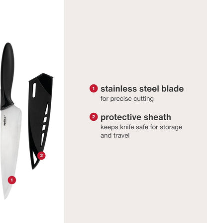 Chef's Knife with Sheath Cover - Stainless Steel Knife - Fruit, Vegetable, Herbs & Meats Knife - Travel Knife with Safety Kitchen Blade Guards - Dishwasher & Hand Wash Safe - 7.25" - Black