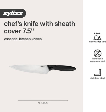 Chef's Knife with Sheath Cover - Stainless Steel Knife - Fruit, Vegetable, Herbs & Meats Knife - Travel Knife with Safety Kitchen Blade Guards - Dishwasher & Hand Wash Safe - 7.25" - Black