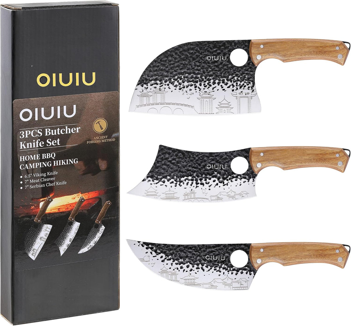 3PCS Butcher Knife Set, 7" Butcher Meat Cleaver, 7" Serbian Chef Knife and 6.5" Viking Knife, Kitchen Knife Set with wood Handle, Great for Indoor & Outdoor (Unique Pattern)