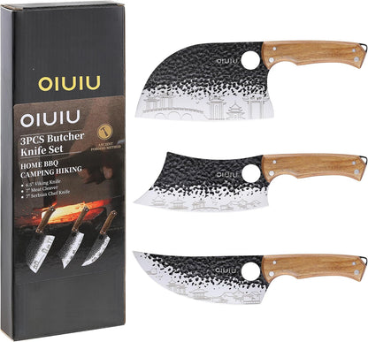 3PCS Butcher Knife Set, 7" Butcher Meat Cleaver, 7" Serbian Chef Knife and 6.5" Viking Knife, Kitchen Knife Set with wood Handle, Great for Indoor & Outdoor (Unique Pattern)
