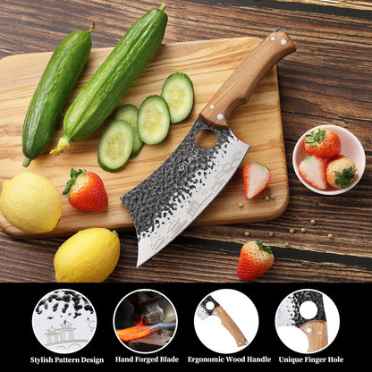 3PCS Butcher Knife Set, 7" Butcher Meat Cleaver, 7" Serbian Chef Knife and 6.5" Viking Knife, Kitchen Knife Set with wood Handle, Great for Indoor & Outdoor (Unique Pattern)