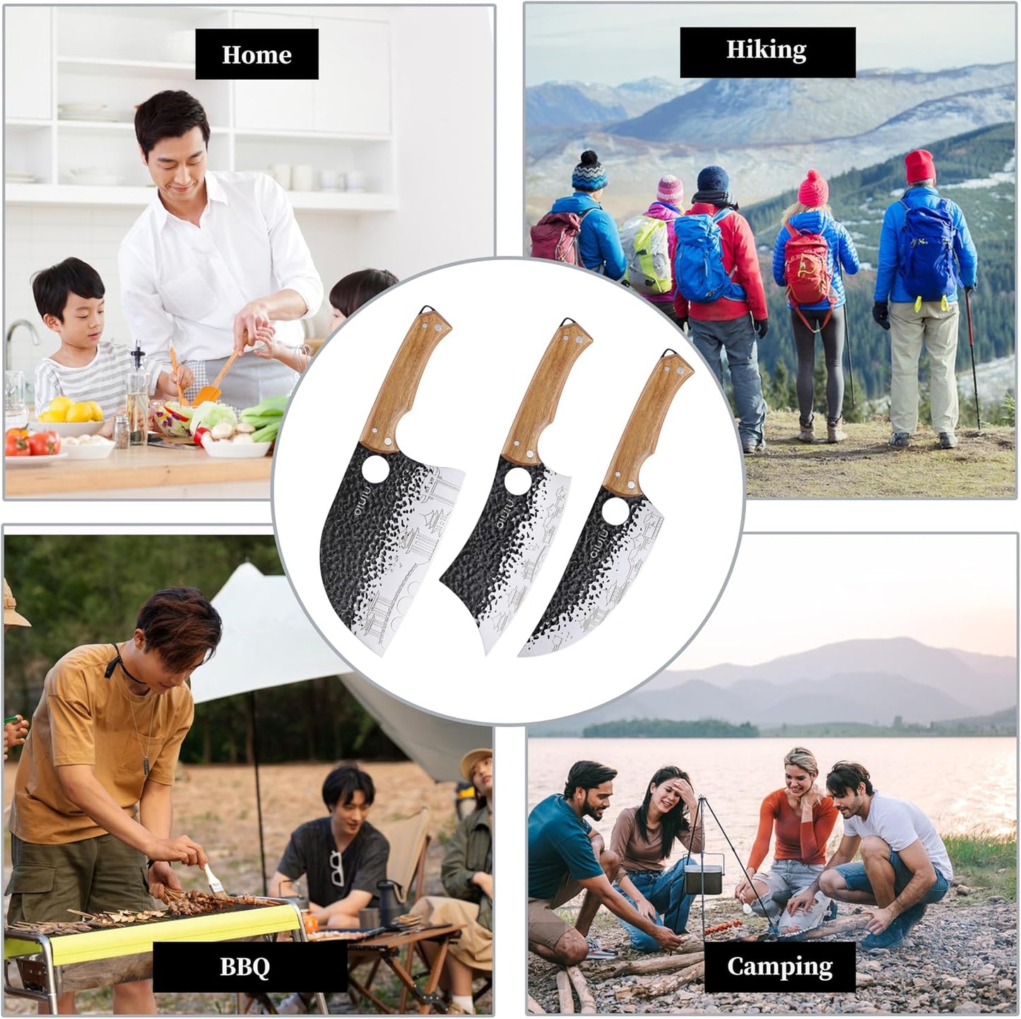 3PCS Butcher Knife Set, 7" Butcher Meat Cleaver, 7" Serbian Chef Knife and 6.5" Viking Knife, Kitchen Knife Set with wood Handle, Great for Indoor & Outdoor (Unique Pattern)