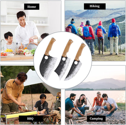 3PCS Butcher Knife Set, 7" Butcher Meat Cleaver, 7" Serbian Chef Knife and 6.5" Viking Knife, Kitchen Knife Set with wood Handle, Great for Indoor & Outdoor (Unique Pattern)
