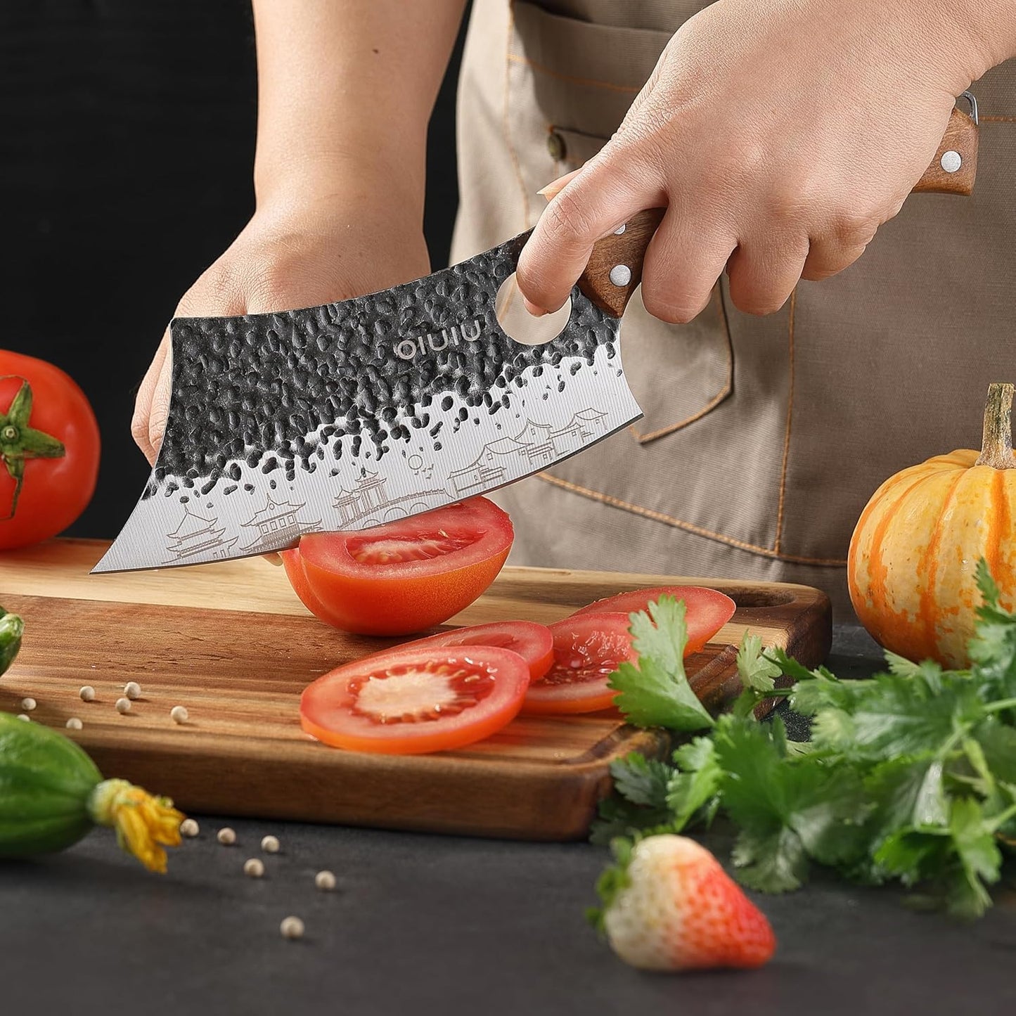 3PCS Butcher Knife Set, 7" Butcher Meat Cleaver, 7" Serbian Chef Knife and 6.5" Viking Knife, Kitchen Knife Set with wood Handle, Great for Indoor & Outdoor (Unique Pattern)
