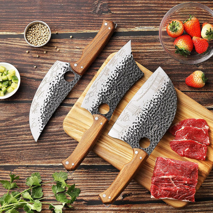 3PCS Butcher Knife Set, 7" Butcher Meat Cleaver, 7" Serbian Chef Knife and 6.5" Viking Knife, Kitchen Knife Set with wood Handle, Great for Indoor & Outdoor (Unique Pattern)