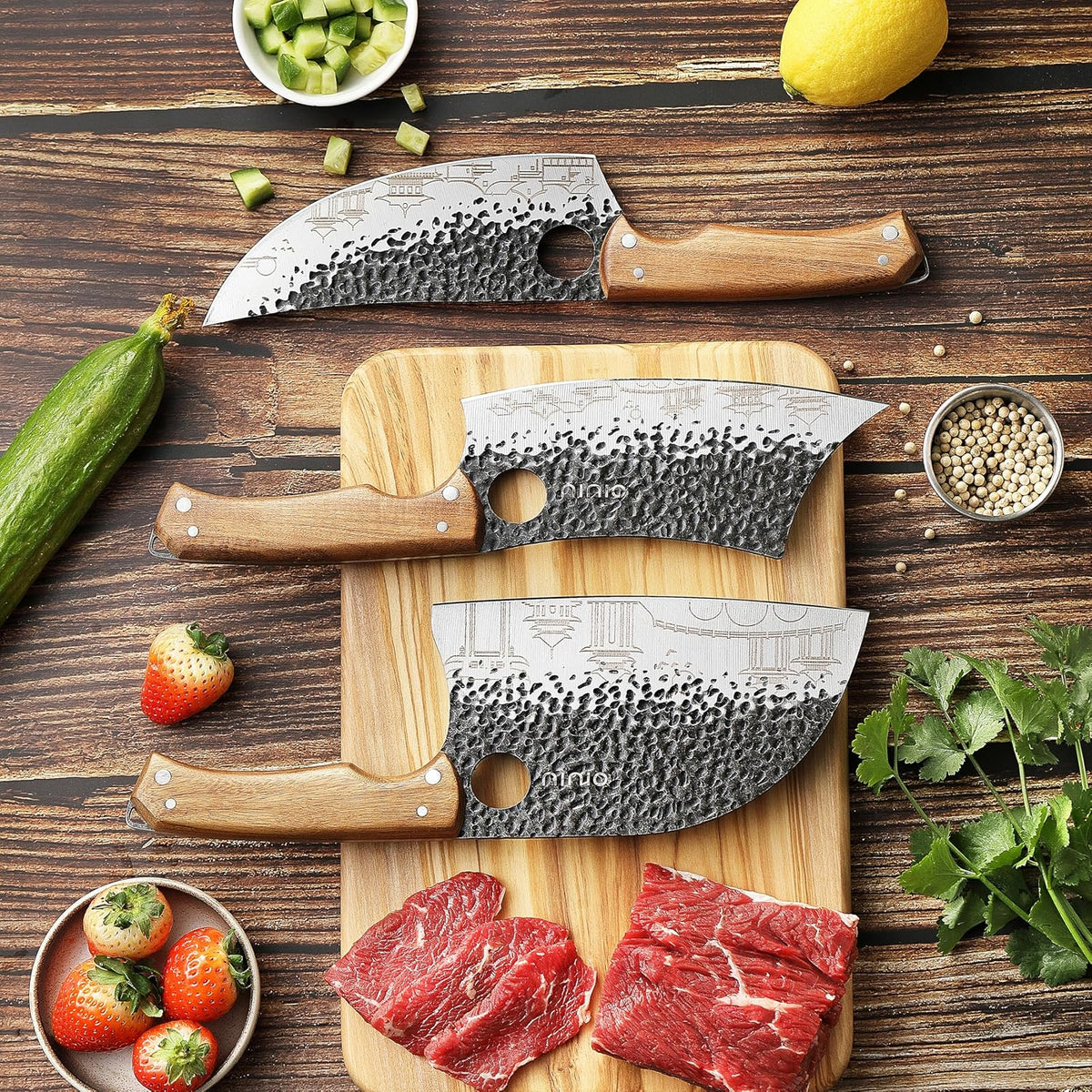 3PCS Butcher Knife Set, 7" Butcher Meat Cleaver, 7" Serbian Chef Knife and 6.5" Viking Knife, Kitchen Knife Set with wood Handle, Great for Indoor & Outdoor (Unique Pattern)