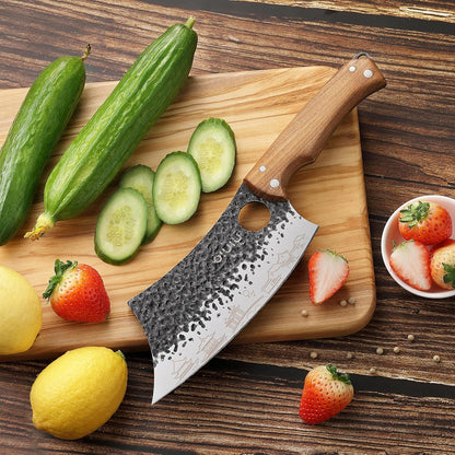 3PCS Butcher Knife Set, 7" Butcher Meat Cleaver, 7" Serbian Chef Knife and 6.5" Viking Knife, Kitchen Knife Set with wood Handle, Great for Indoor & Outdoor (Unique Pattern)