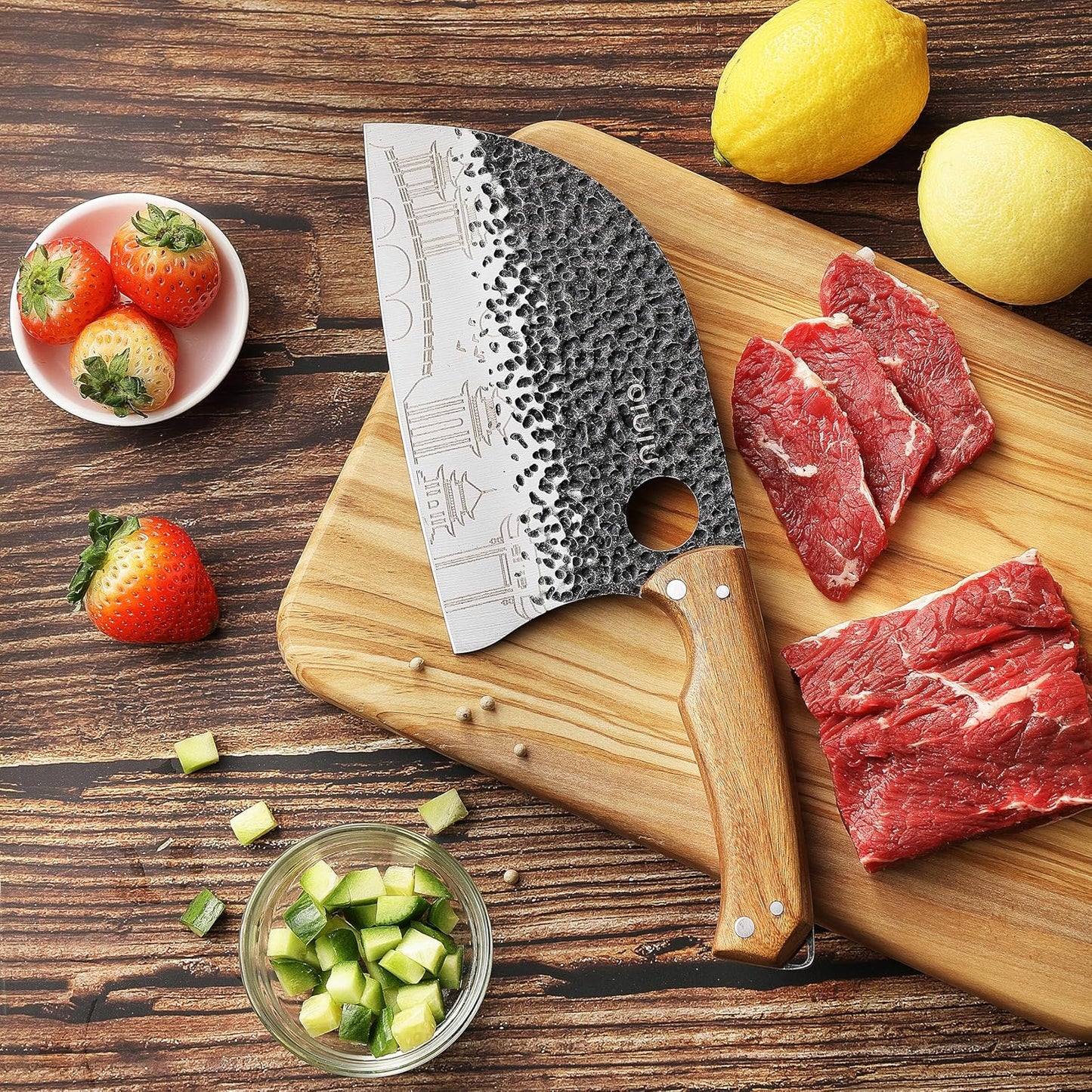 3PCS Butcher Knife Set, 7" Butcher Meat Cleaver, 7" Serbian Chef Knife and 6.5" Viking Knife, Kitchen Knife Set with wood Handle, Great for Indoor & Outdoor (Unique Pattern)