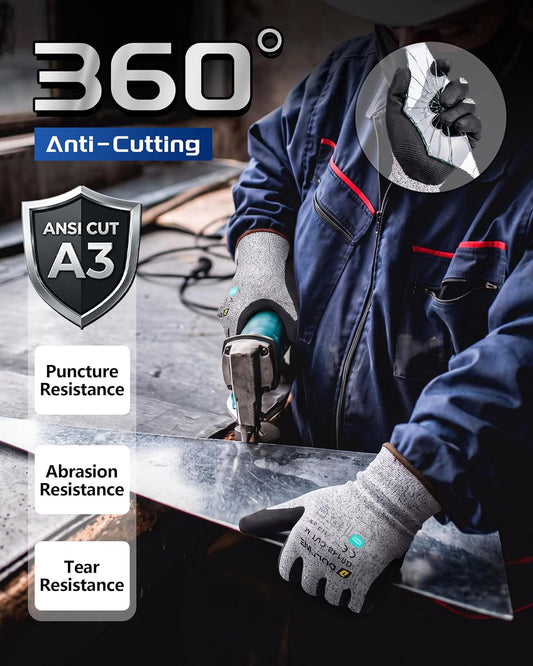 A3/A4/A9 Cut Resistant 2/3/6/12 Pairs Work Gloves for Men & Women | Touchscreen, Foam Nitrile Coated, Ideal for Glass Cutting, Wood Carving