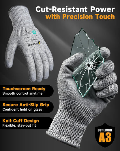 A3/A4/A9 Cut Resistant 2/3/6/12 Pairs Work Gloves for Men & Women | Touchscreen, Foam Nitrile Coated, Ideal for Glass Cutting, Wood Carving