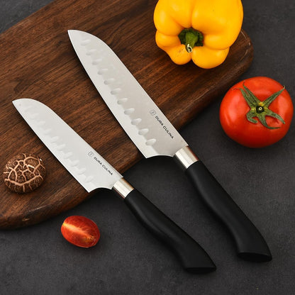 2 Piece Santoku Knife Set 7 Inch and 5 Inch Santoku Knives - Professional Grade Sharp High Carbon Stainless Blades for Effortless Slicing, Cutting and Chopping With Matching Blade Guards