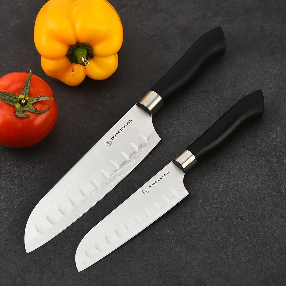 2 Piece Santoku Knife Set 7 Inch and 5 Inch Santoku Knives - Professional Grade Sharp High Carbon Stainless Blades for Effortless Slicing, Cutting and Chopping With Matching Blade Guards