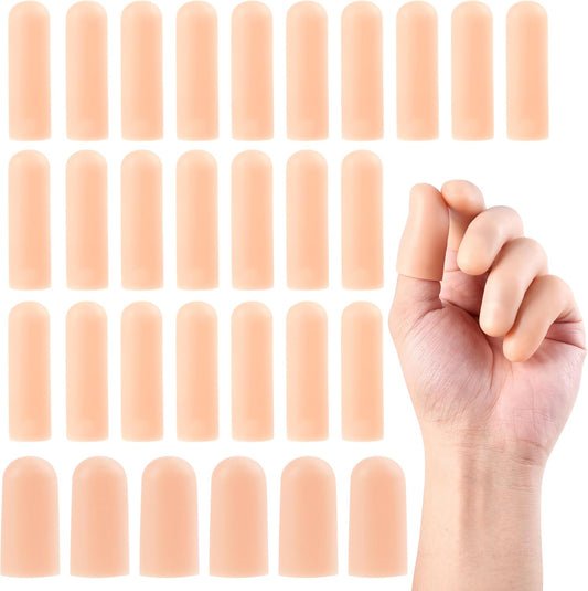 30 Pcs Gel Finger Cots, 2 Sizes Thumb Protector, Soft Finger Covers for Cuts, Fingertip Protector for Embroidery, Cutting, Hands Cracking, Corns, Blisters, and Calluses Protect, Nude